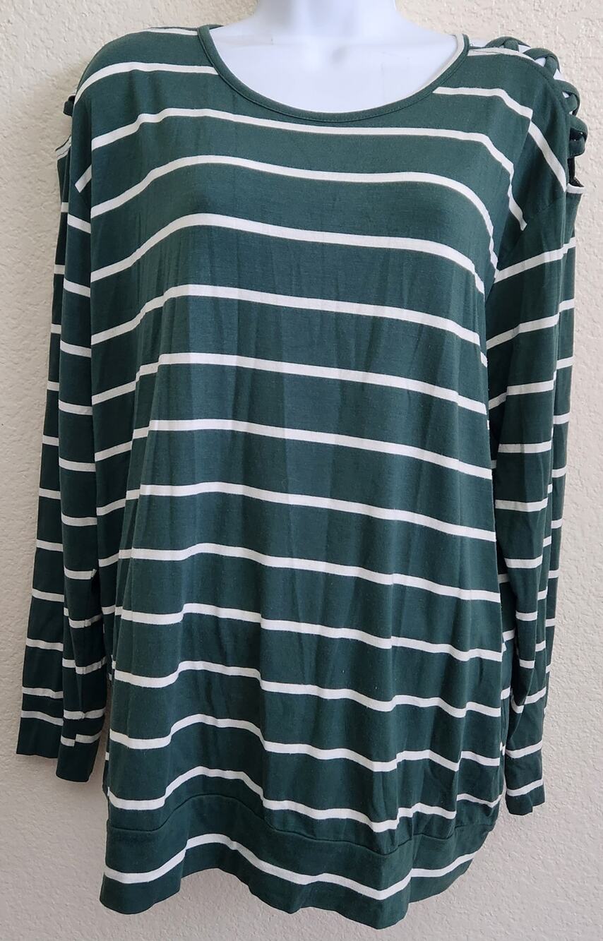 Thyme + Honey Green White Striped Long Sleeves Top XL Lightweight Soft Stretch